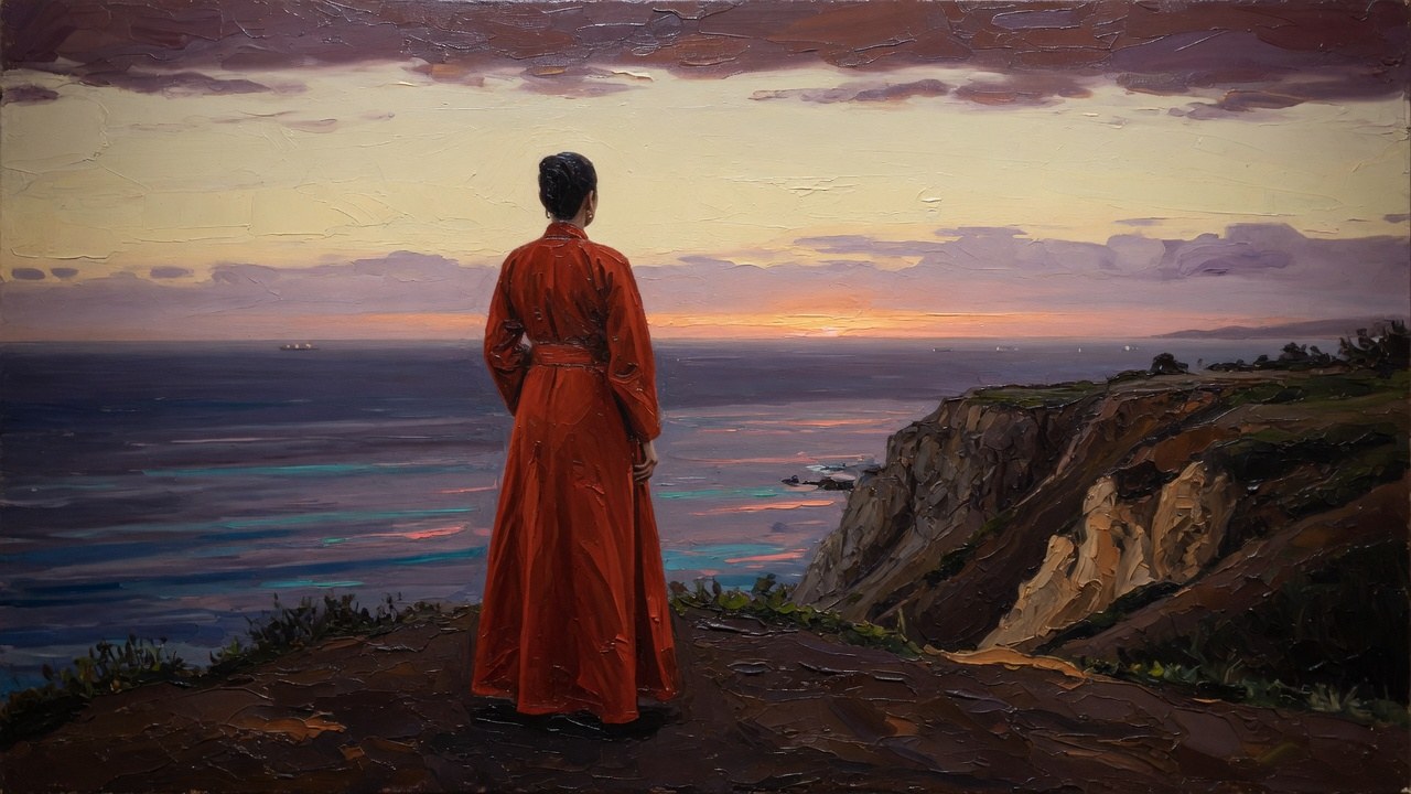 Generated placeholder: figure in an iron-oxide robe facing the Pacific. Not a painting by Carlos Ramos.