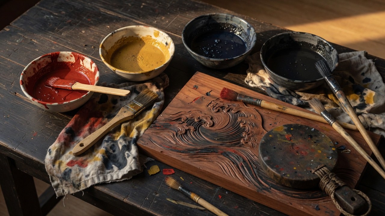 Generated placeholder of pigment bowls and a woodblock. Not a photograph from the studio.